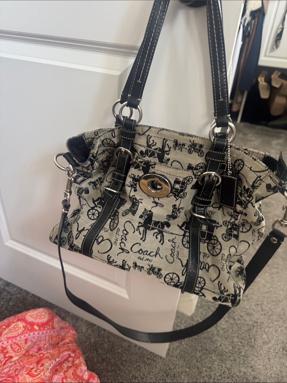 Coach Black and Cream Signature Canvas Satchel with Horse Carriage Print